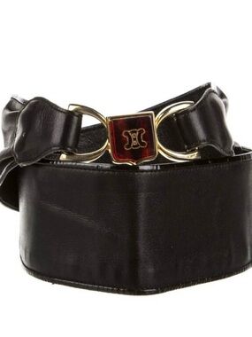 Celine Black Leather Belt with Gold-Tone Red Enamel Emblem